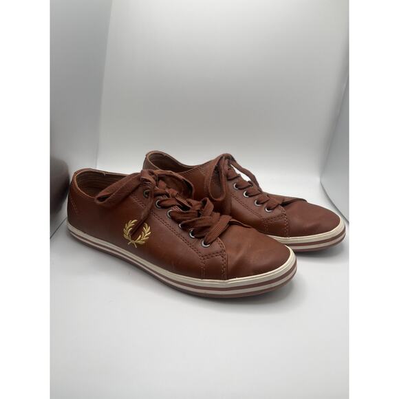 Mens Fred Perry Kingston Leather Sneakers Brown Gold embroidered Size 7 - Picture 1 of 8
